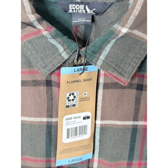 NWT $80 Eddie Bauer Flannel Shirt Mens L Green Brown Plaid Outdoor Fall - Picture 5 of 13